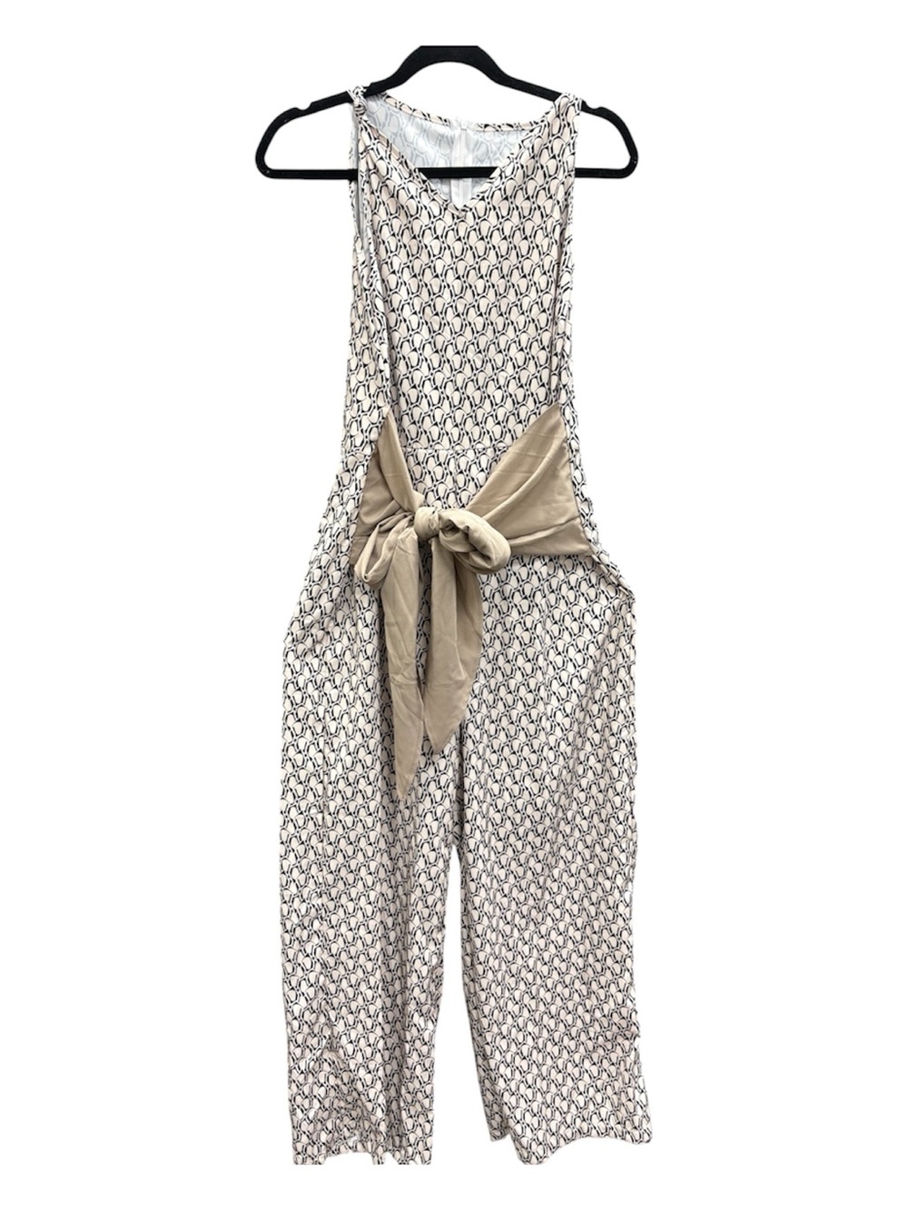 Cream Printed Wide-Leg Jumpsuit with Tan Waist Tie